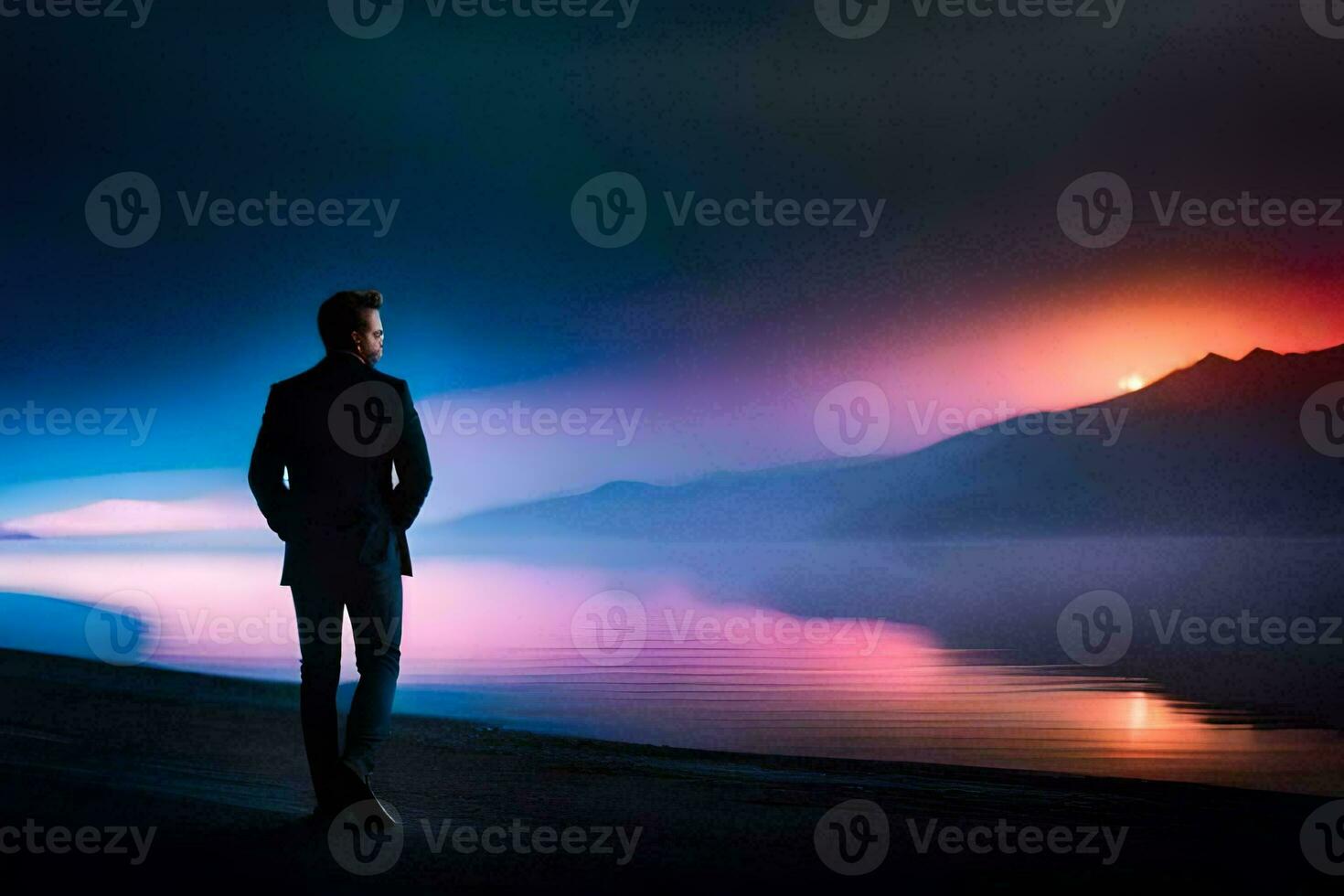 a man standing on the shore of a lake at sunset. AI-Generated photo