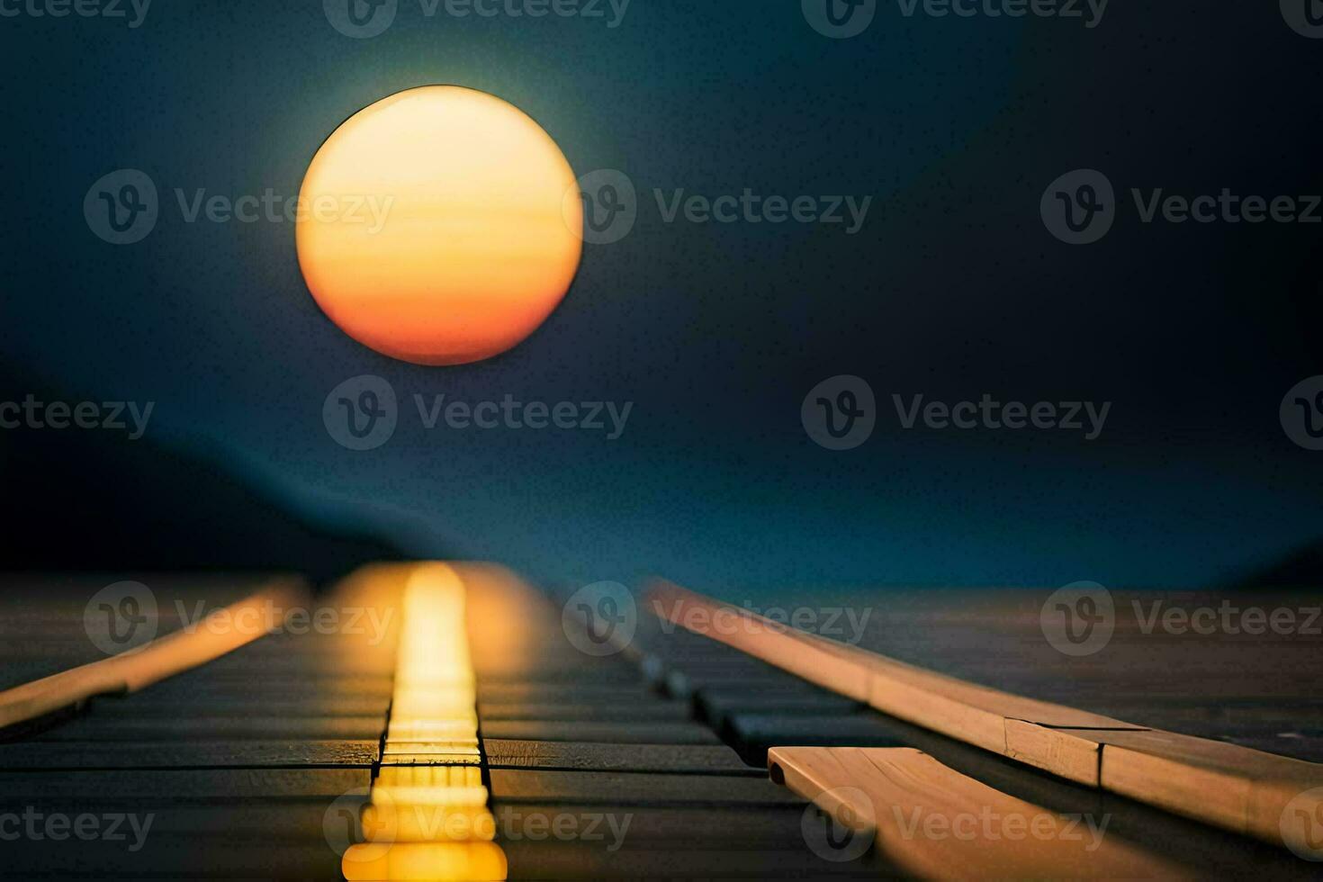 a train track with the sun setting behind it. AI-Generated photo