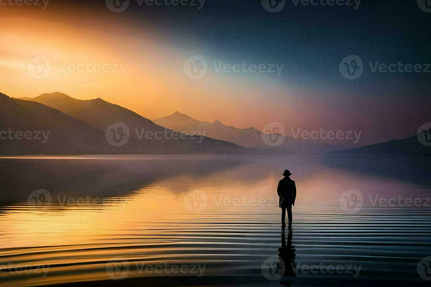 a man standing in the middle of a lake at sunset. AI-Generated photo