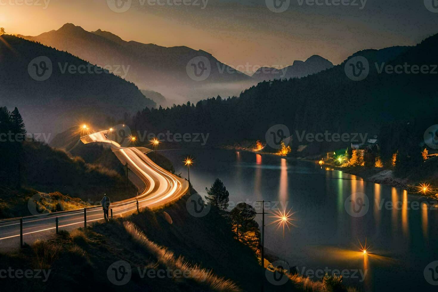 un la carretera devanado mediante el montañas a puesta de sol. generado por ai foto