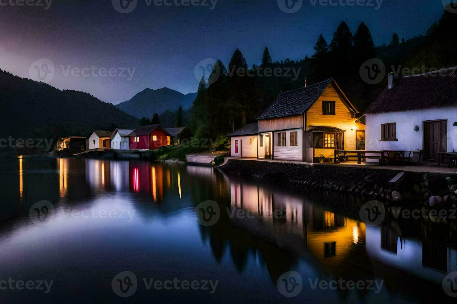 photo wallpaper the sky, water, mountains, houses, lake, the night, the lake,. AI-Generated