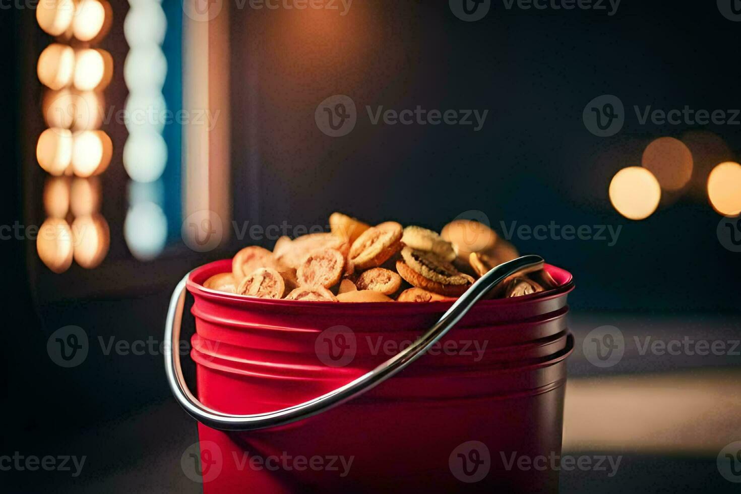 a red bucket filled with crackers. AI-Generated photo