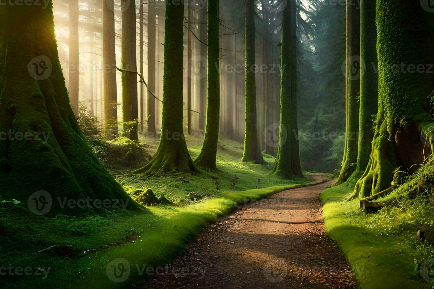 a path through a green forest with mossy trees. AI-Generated photo