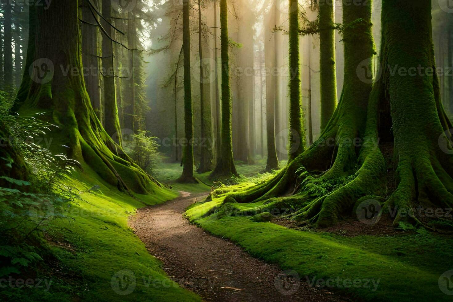 a path through a forest with trees and moss. AI-Generated photo