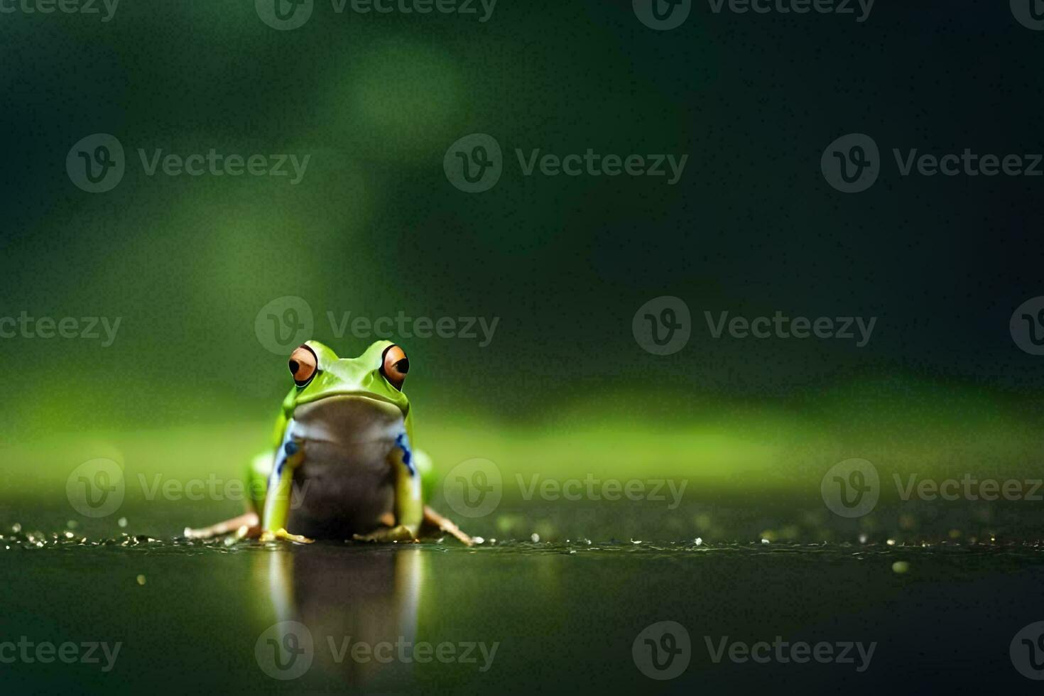 a frog sitting on the ground with a green background. AI-Generated photo