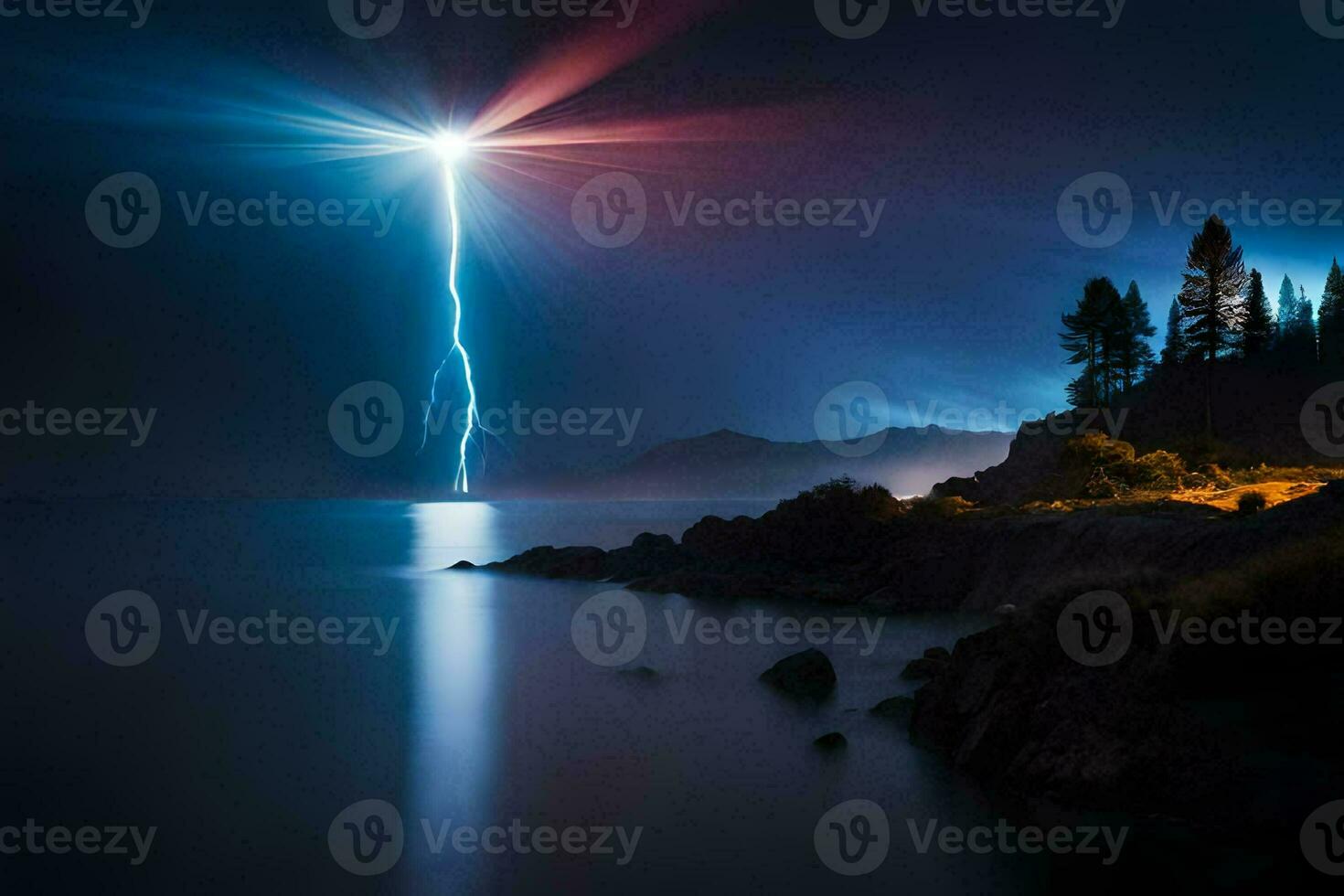 lightning strikes over the water and trees. AI-Generated photo