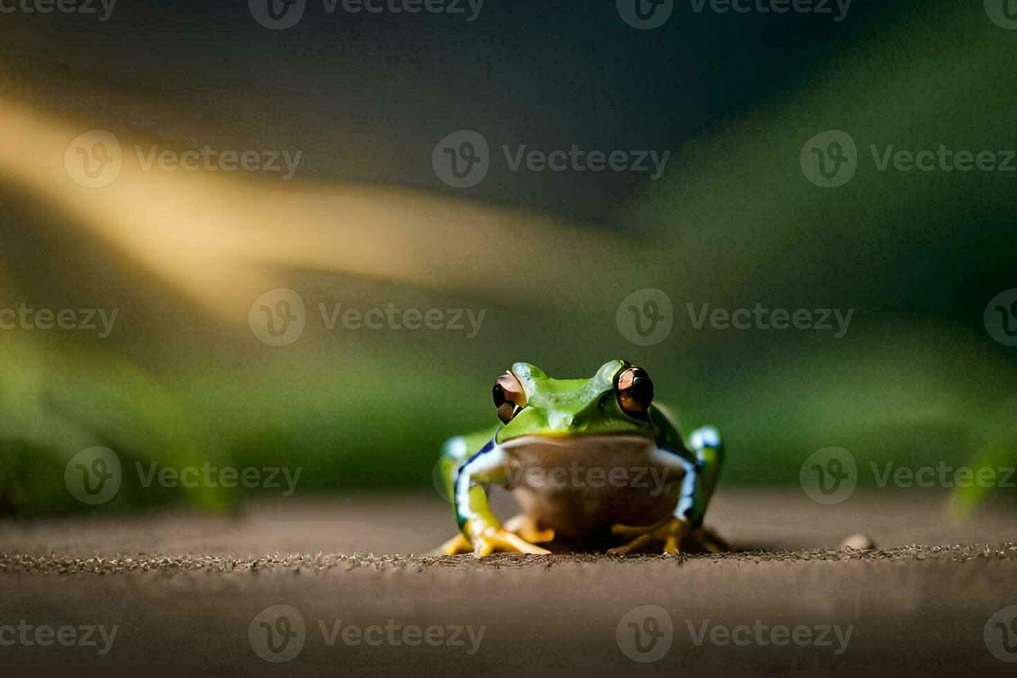 a frog sitting on the ground in front of a green background. AI-Generated photo