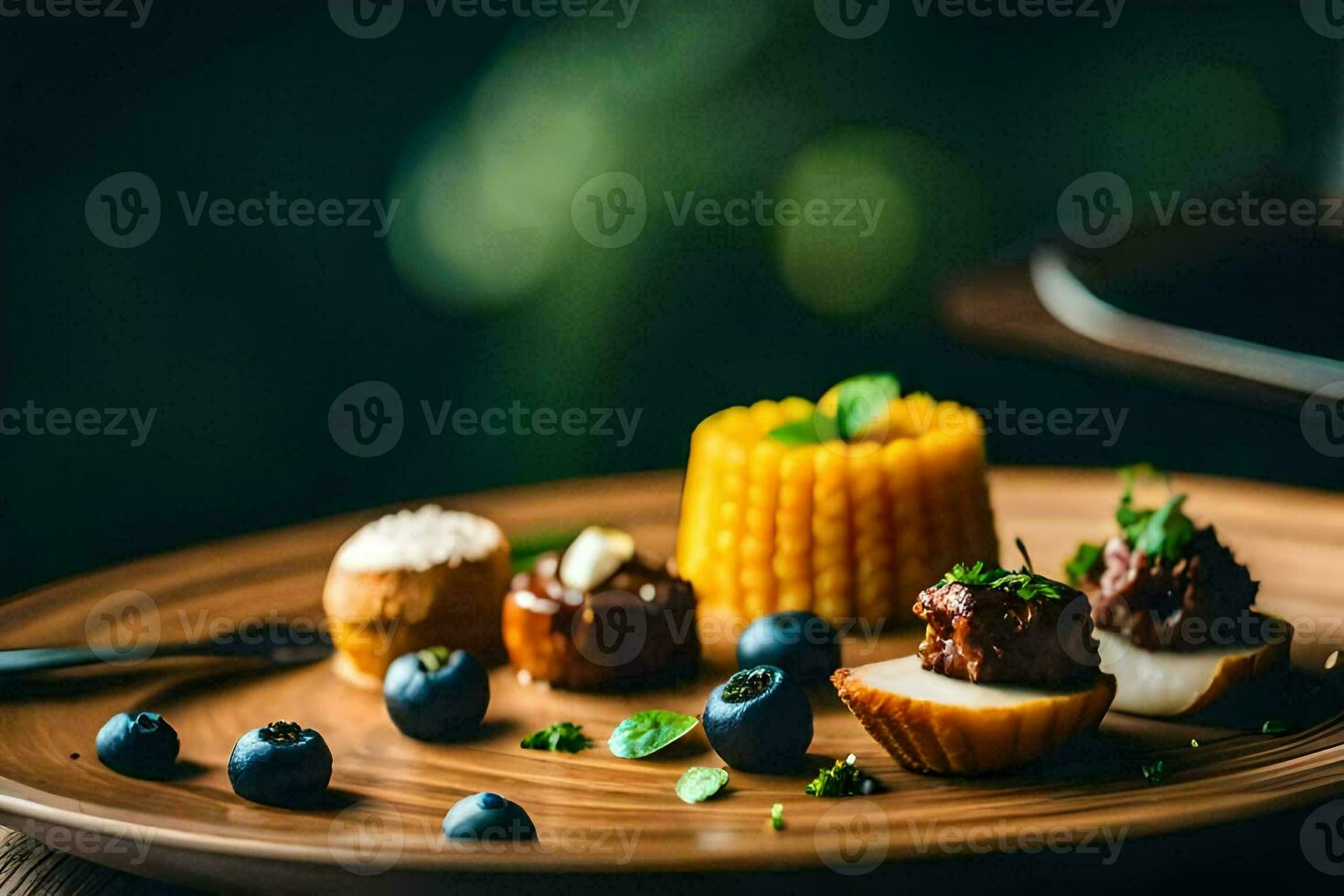 a plate with blueberries and corn on it. AI-Generated photo