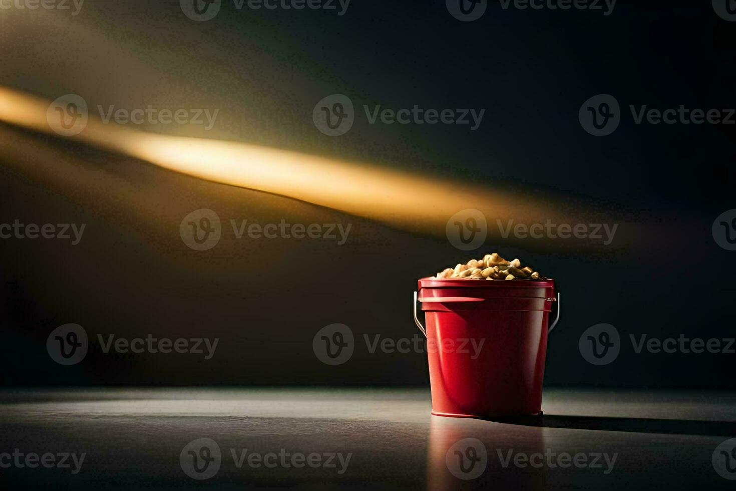 a red bucket filled with peanuts on a table. AI-Generated photo