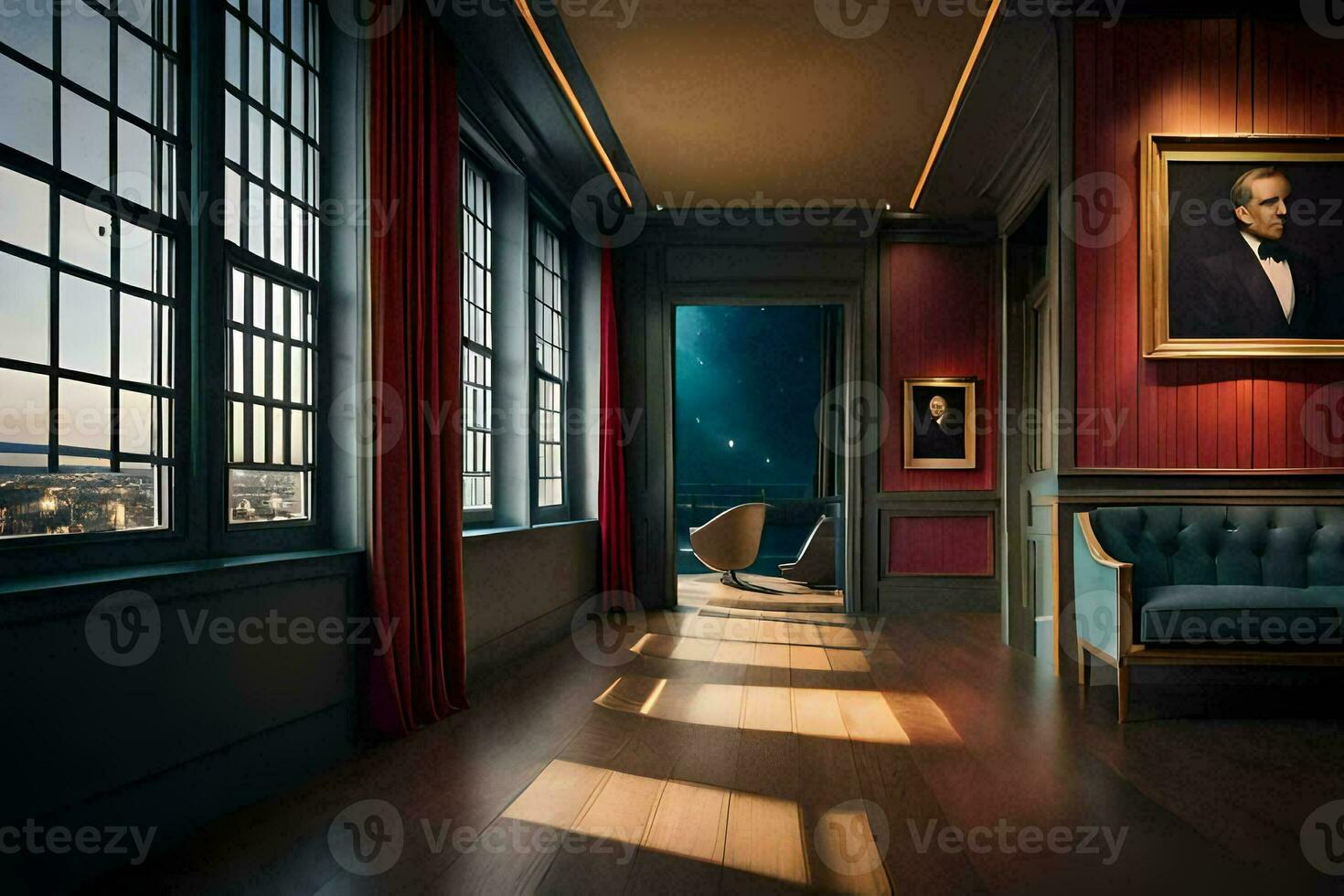 a room with a couch and a painting on the wall. AI-Generated photo