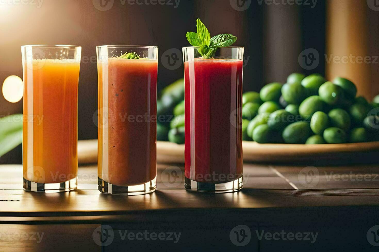 three glasses of juice with fruit and vegetables. AI-Generated photo