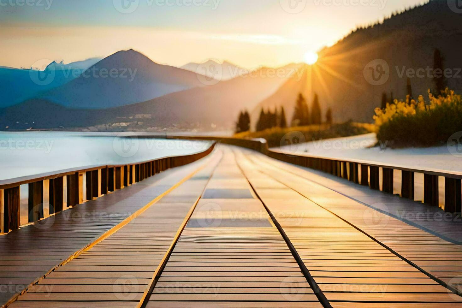a wooden walkway leads to the ocean and mountains. AI-Generated photo