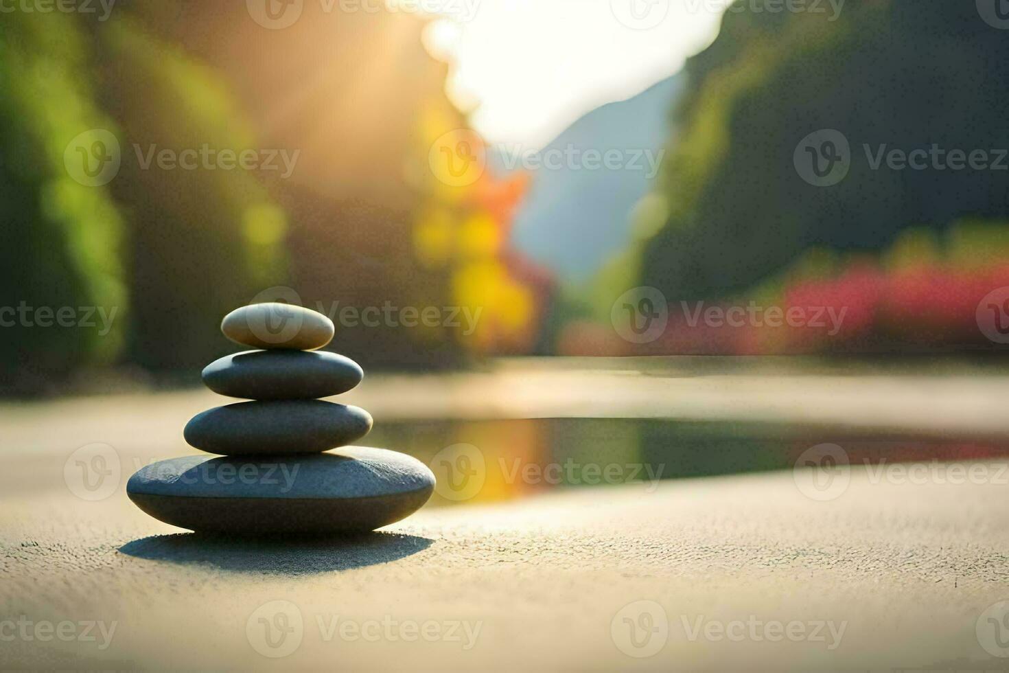a stack of stones sitting on the ground near a river. AI-Generated photo