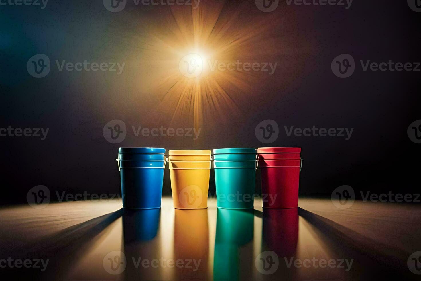 four colorful plastic cups are lined up in front of a bright light. AI-Generated photo