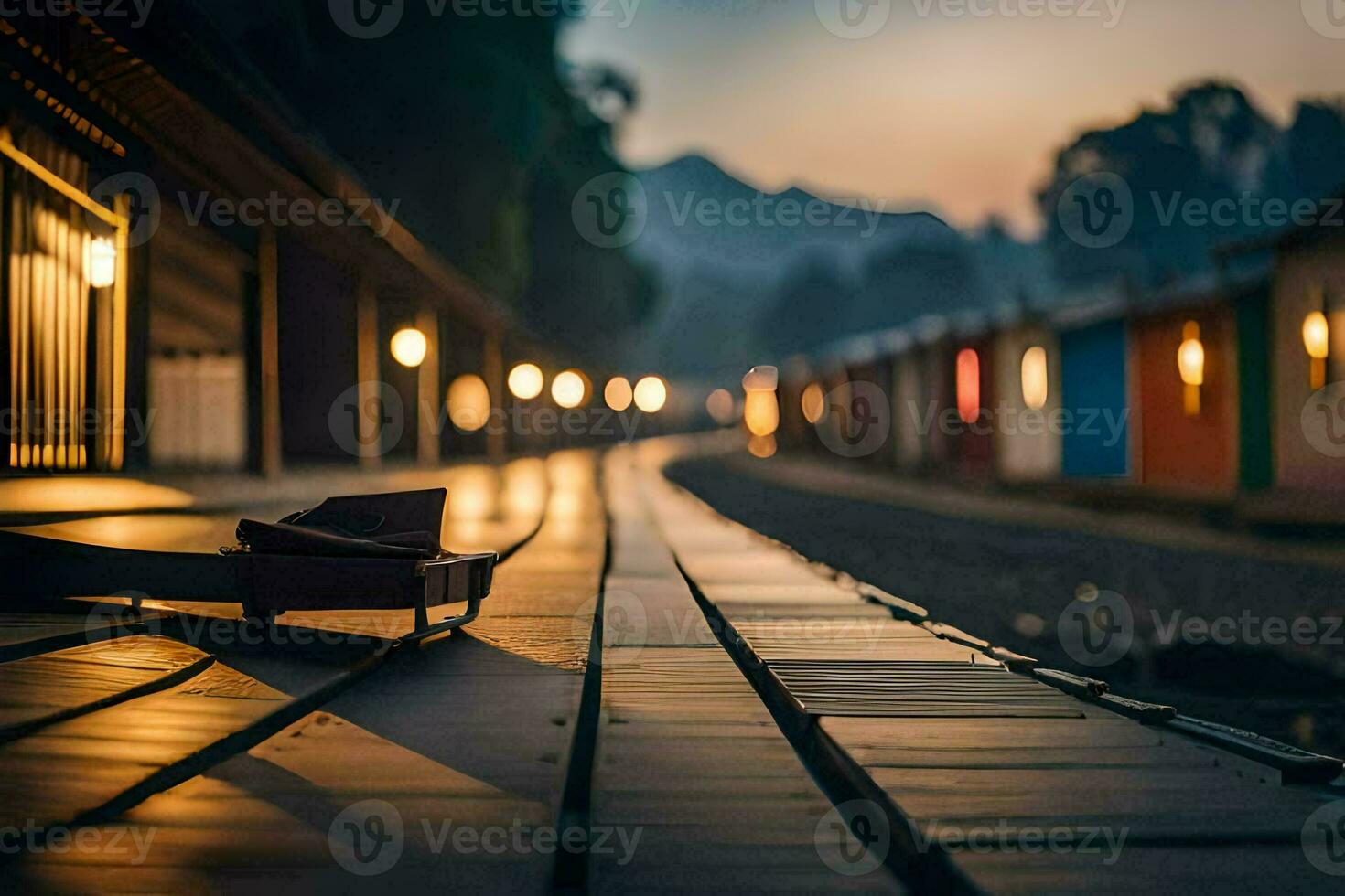 a wooden boardwalk with a bench and lights. AI-Generated photo