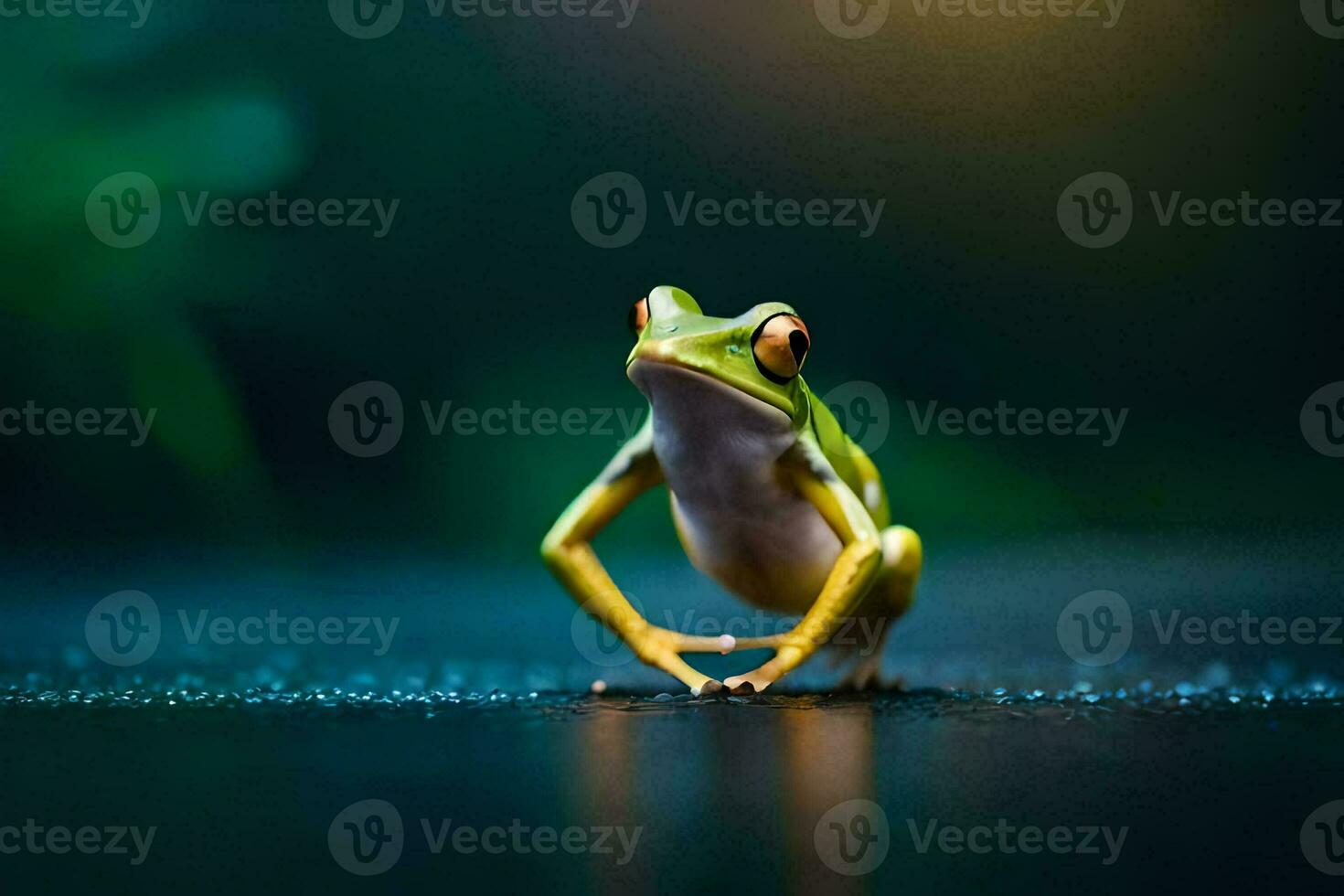a frog is standing on its hind legs on a dark surface. AI-Generated photo