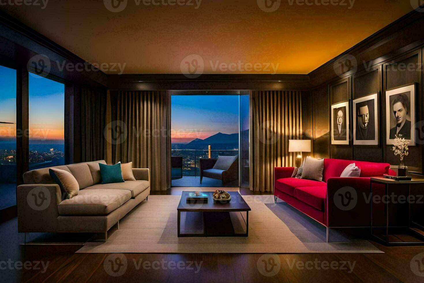 the living room of a luxury suite at sunset. AI-Generated photo