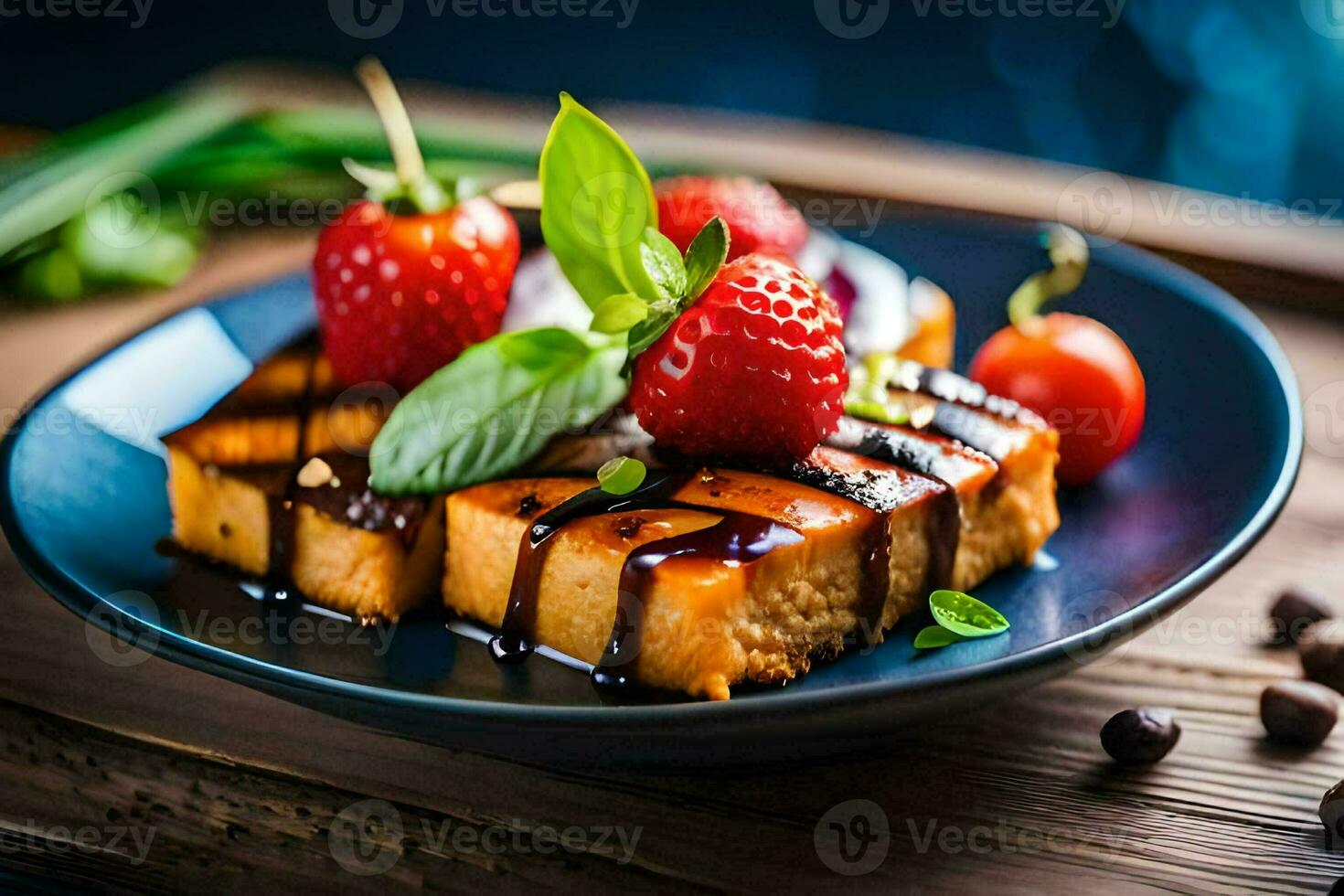 a plate with a slice of toffee and strawberries. AI-Generated photo