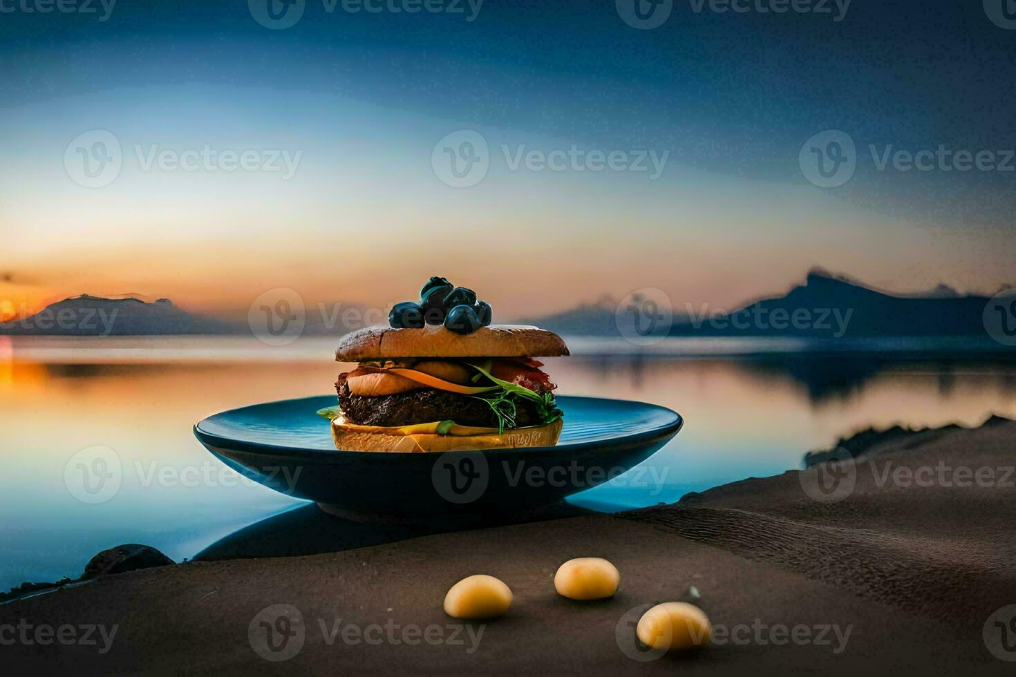 a burger on a plate with a view of the ocean. AI-Generated photo