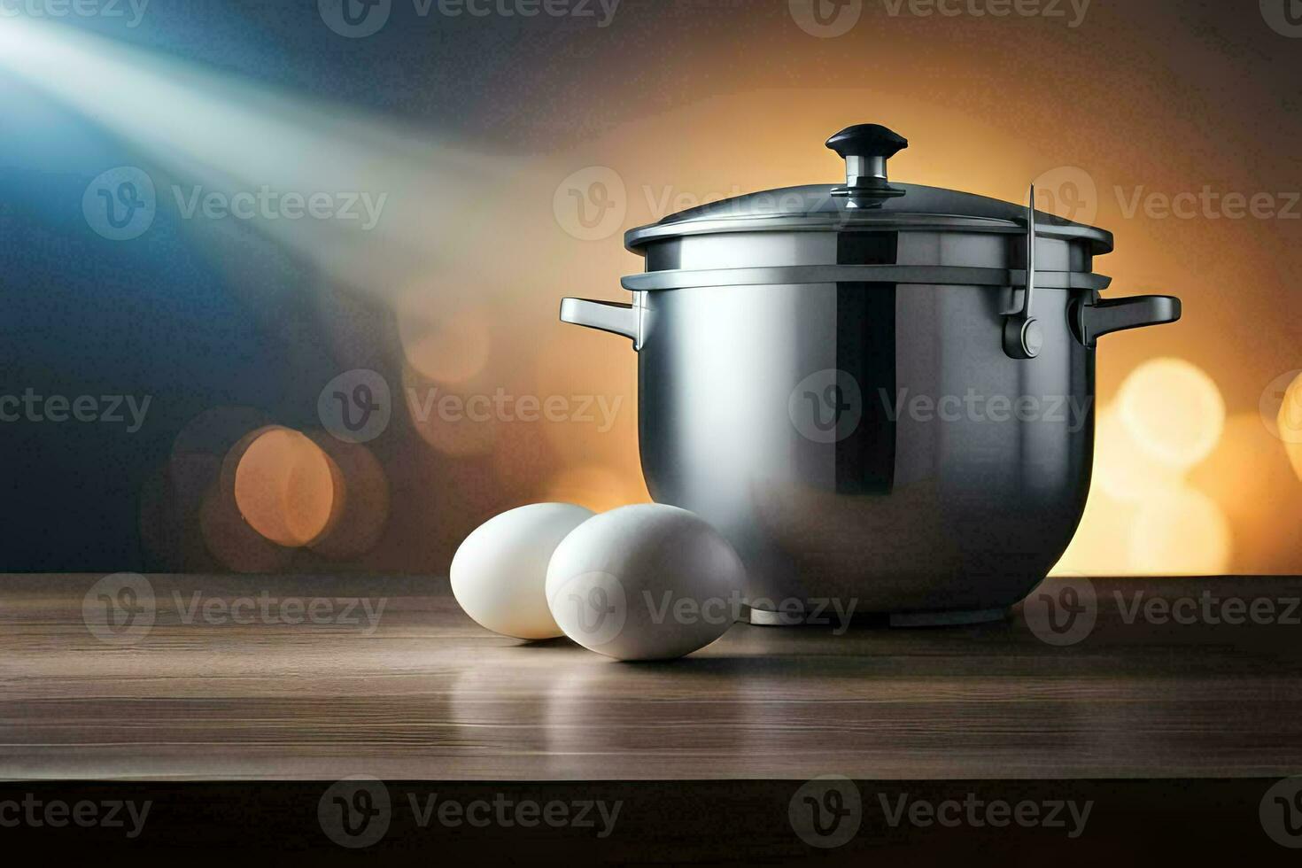 a stainless steel pot and two eggs on a table. AI-Generated photo