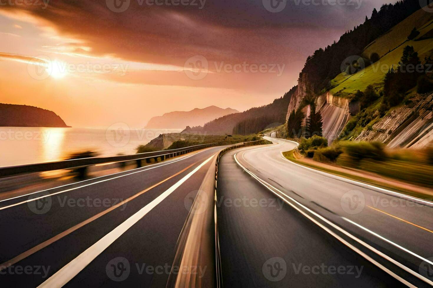 un coche conducción en un autopista a puesta de sol. generado por ai foto