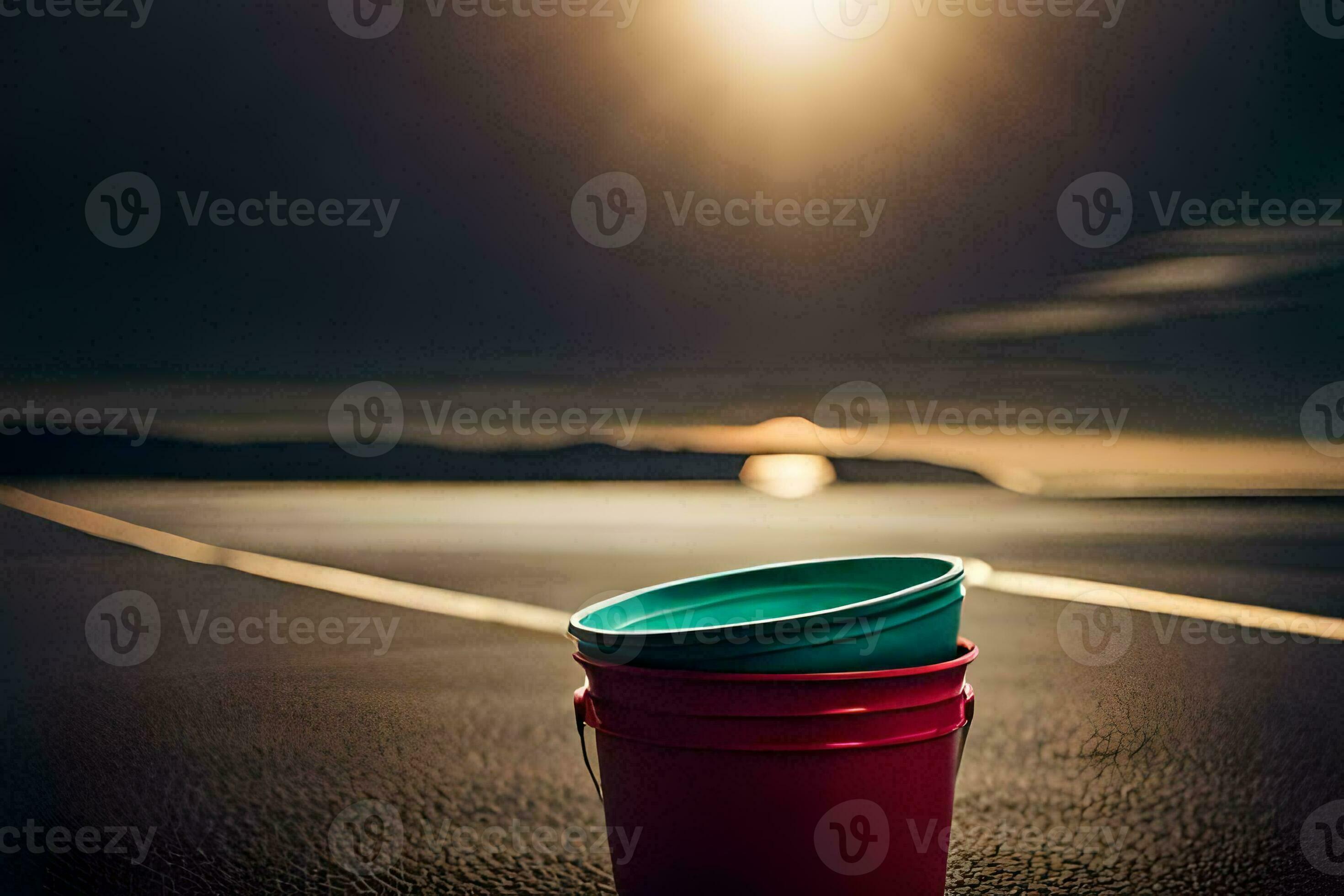 two red and blue buckets sitting on the beach at sunset. AIGenerated