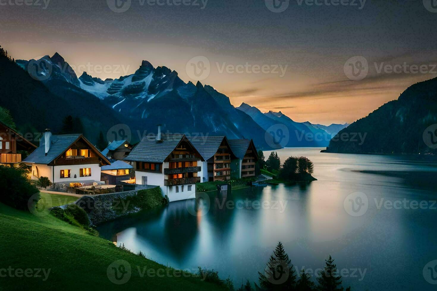 a lake and mountain range at sunset. AI-Generated photo