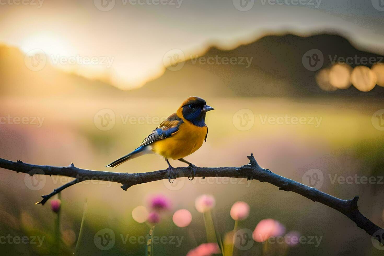 a bird sits on a branch in front of a field. AI-Generated photo