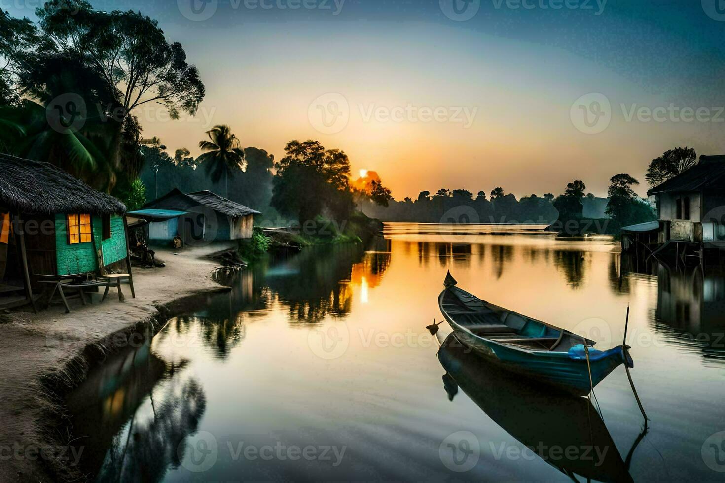 a boat sits on the shore of a river at sunset. AI-Generated photo