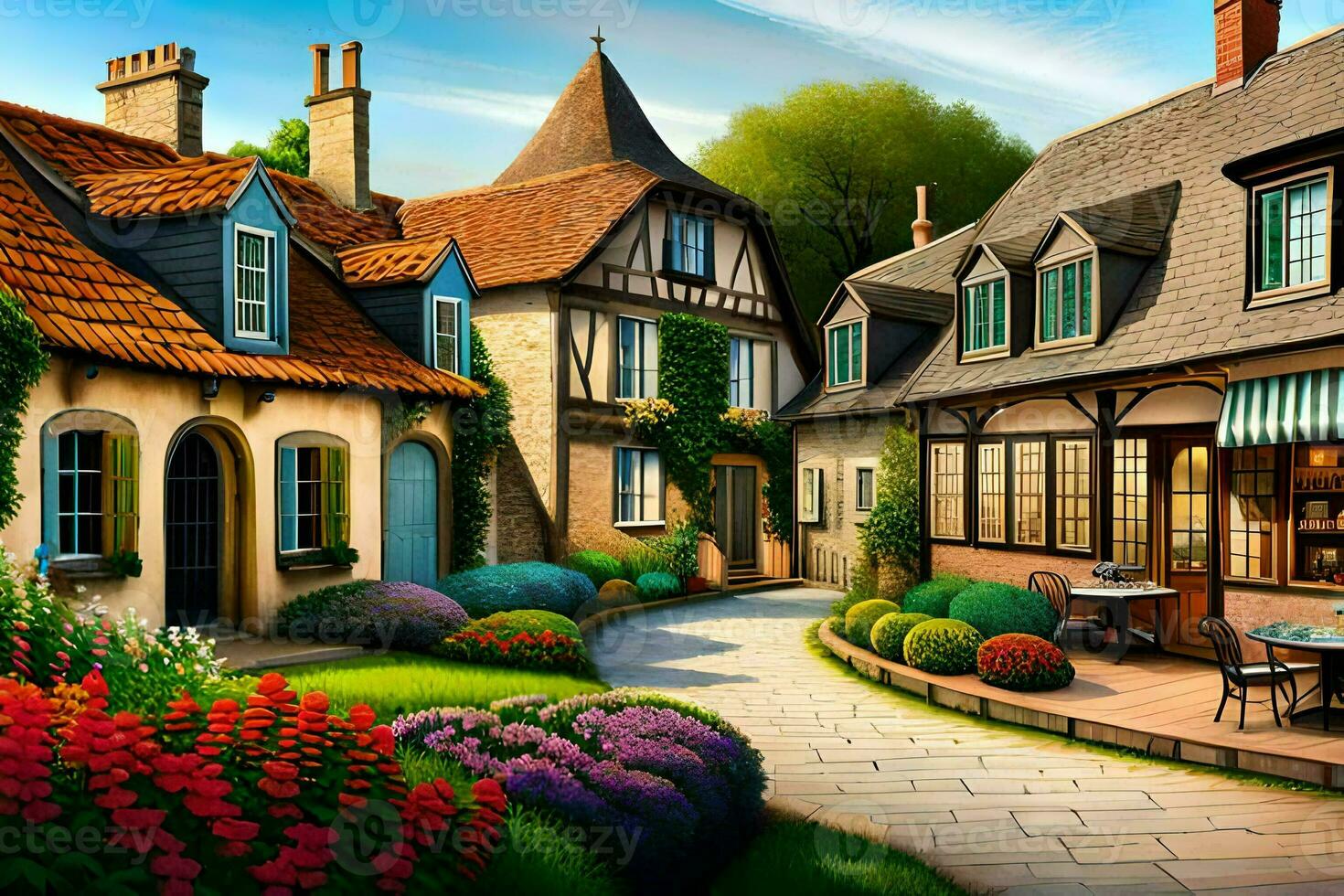 a painting of a street in a small town. AI-Generated photo