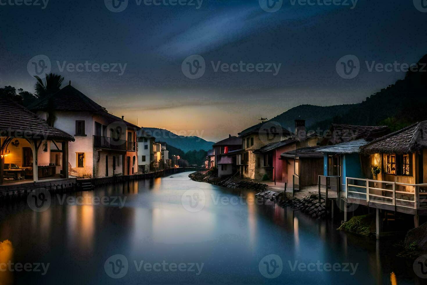 a river in the middle of a town at night. AI-Generated photo