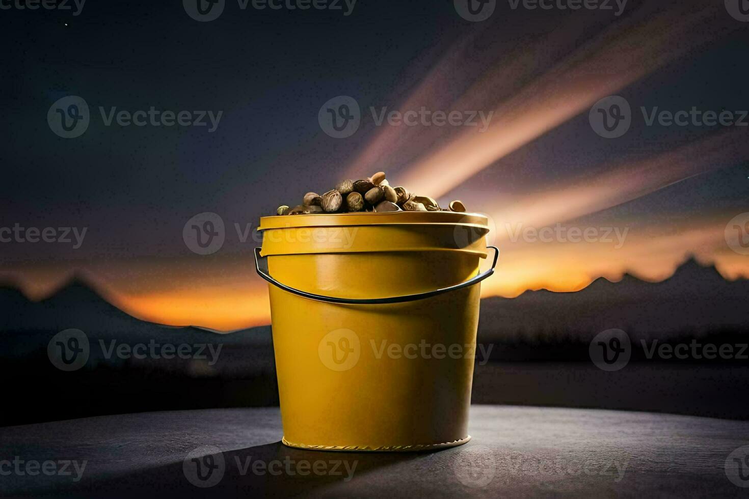 a yellow bucket filled with nuts on a table. AI-Generated photo
