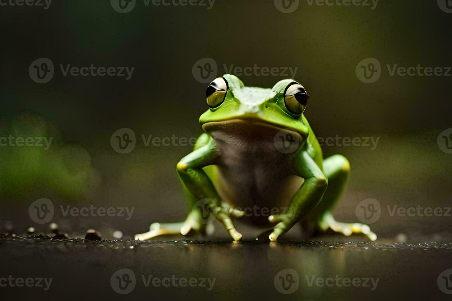 a frog is sitting on the ground with its eyes open. AI-Generated photo