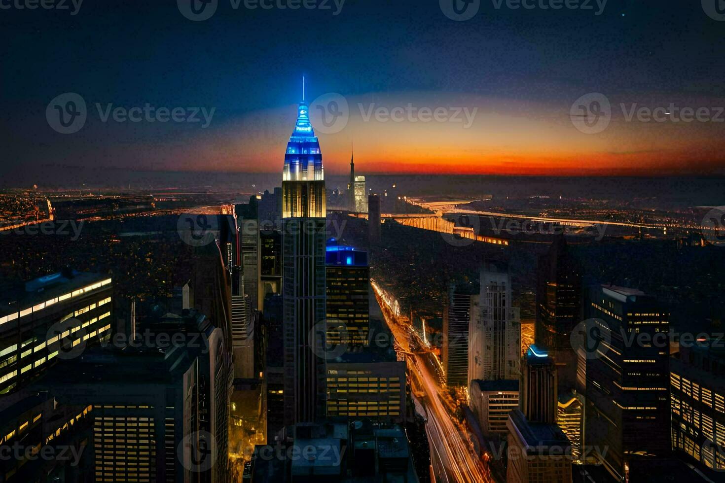 the empire state building is lit up at night. AI-Generated photo