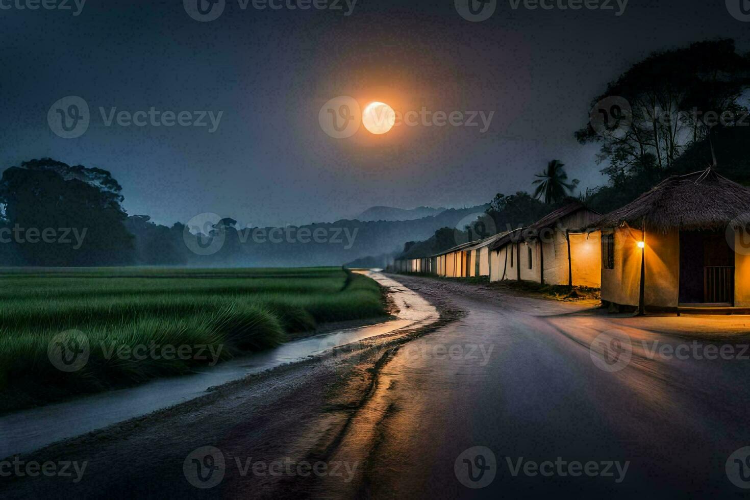 a road at night with a full moon. AI-Generated photo