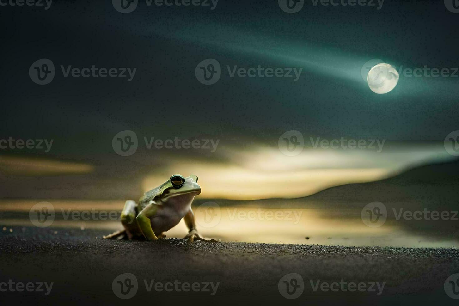 a frog sitting on the beach at night with the moon in the background. AI-Generated photo