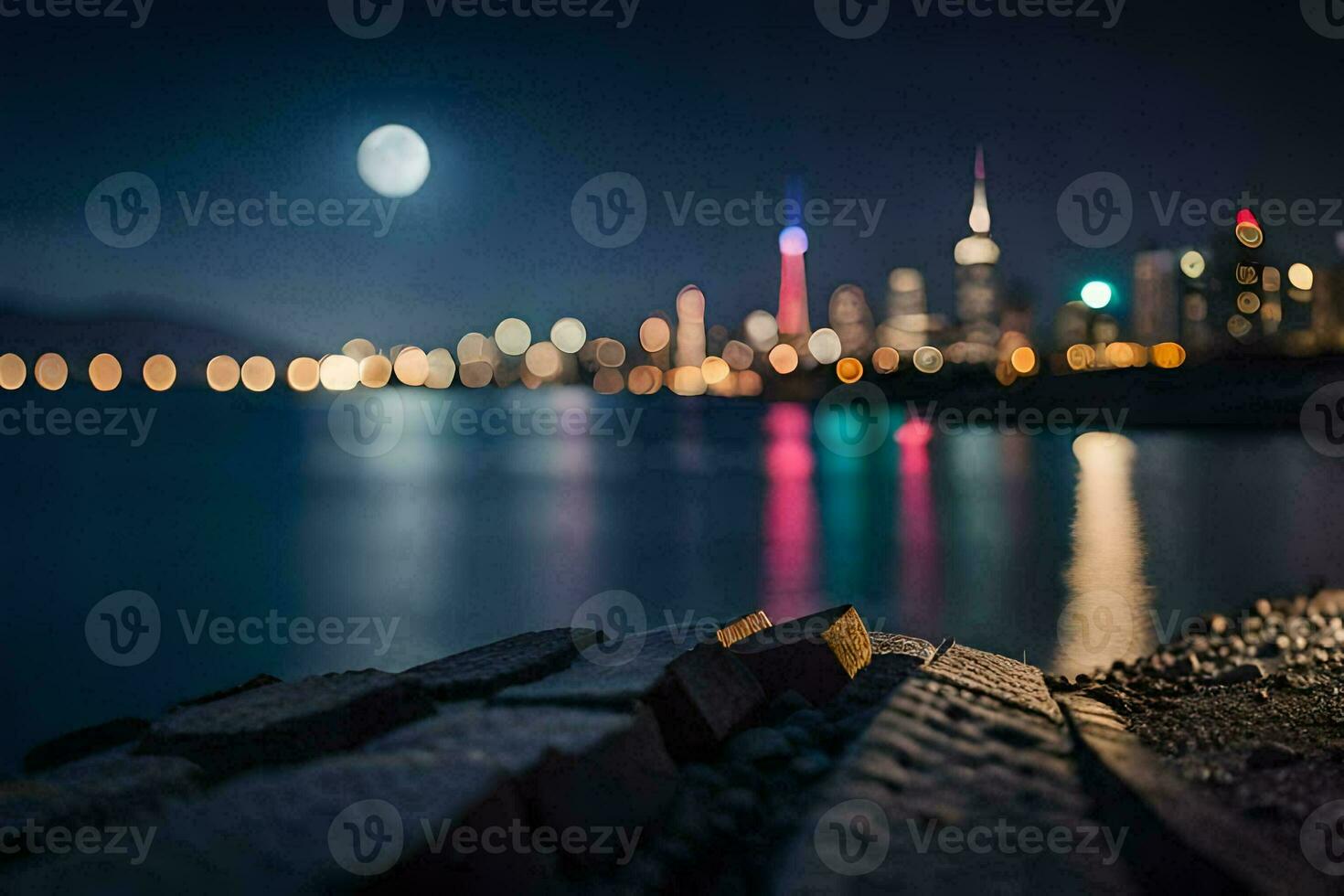 the moon is shining brightly over the city skyline. AI-Generated photo