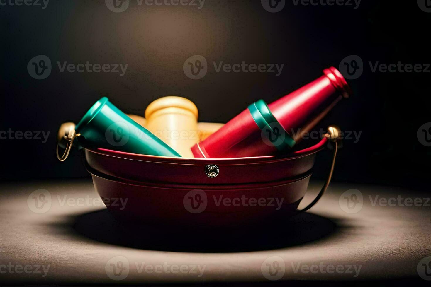 a red and green bucket with three bottles in it. AI-Generated photo