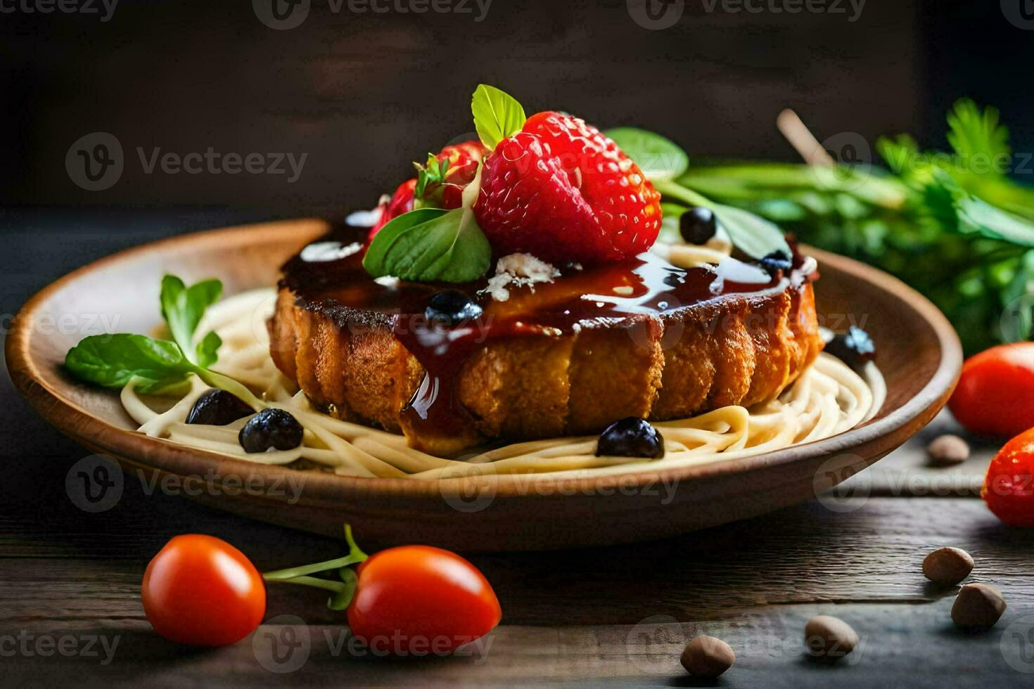 pasta with tomato sauce and fresh strawberries on a wooden table. AI-Generated photo