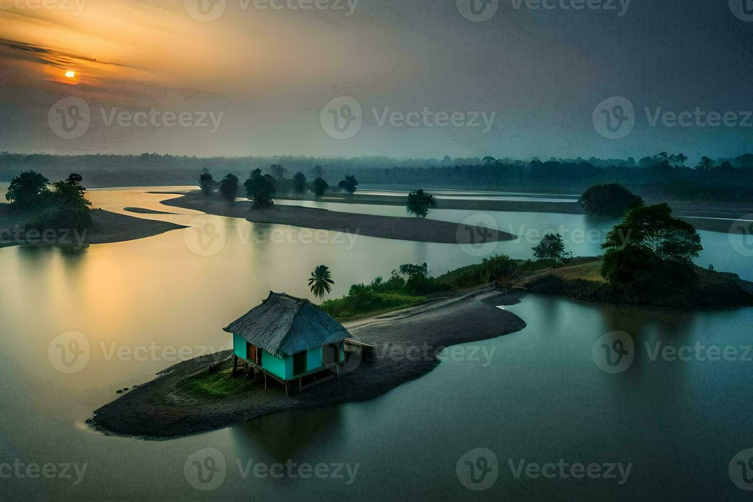 a small house sits on an island in the middle of a river. AI-Generated photo