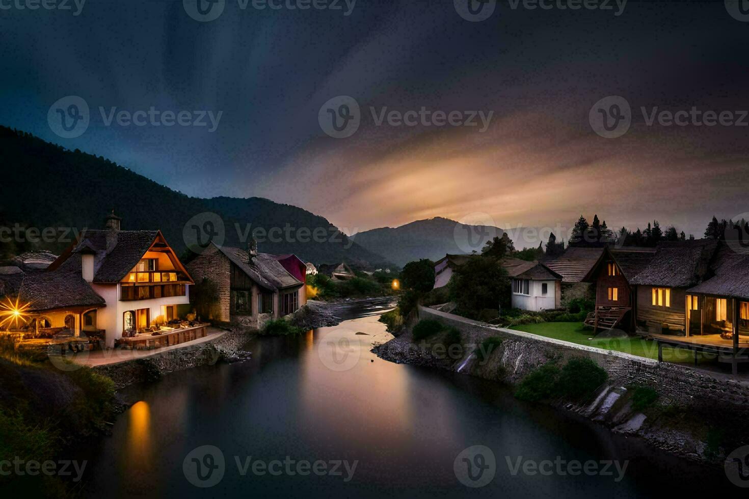 photo wallpaper the sky, river, houses, mountains, sunset, the night, the river,. AI-Generated