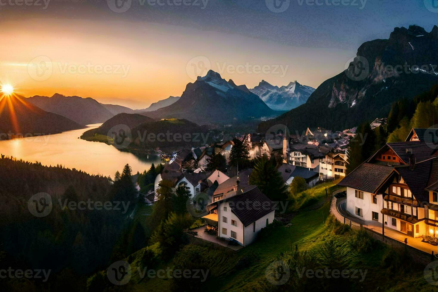 the sun sets over a village in the mountains. AI-Generated photo