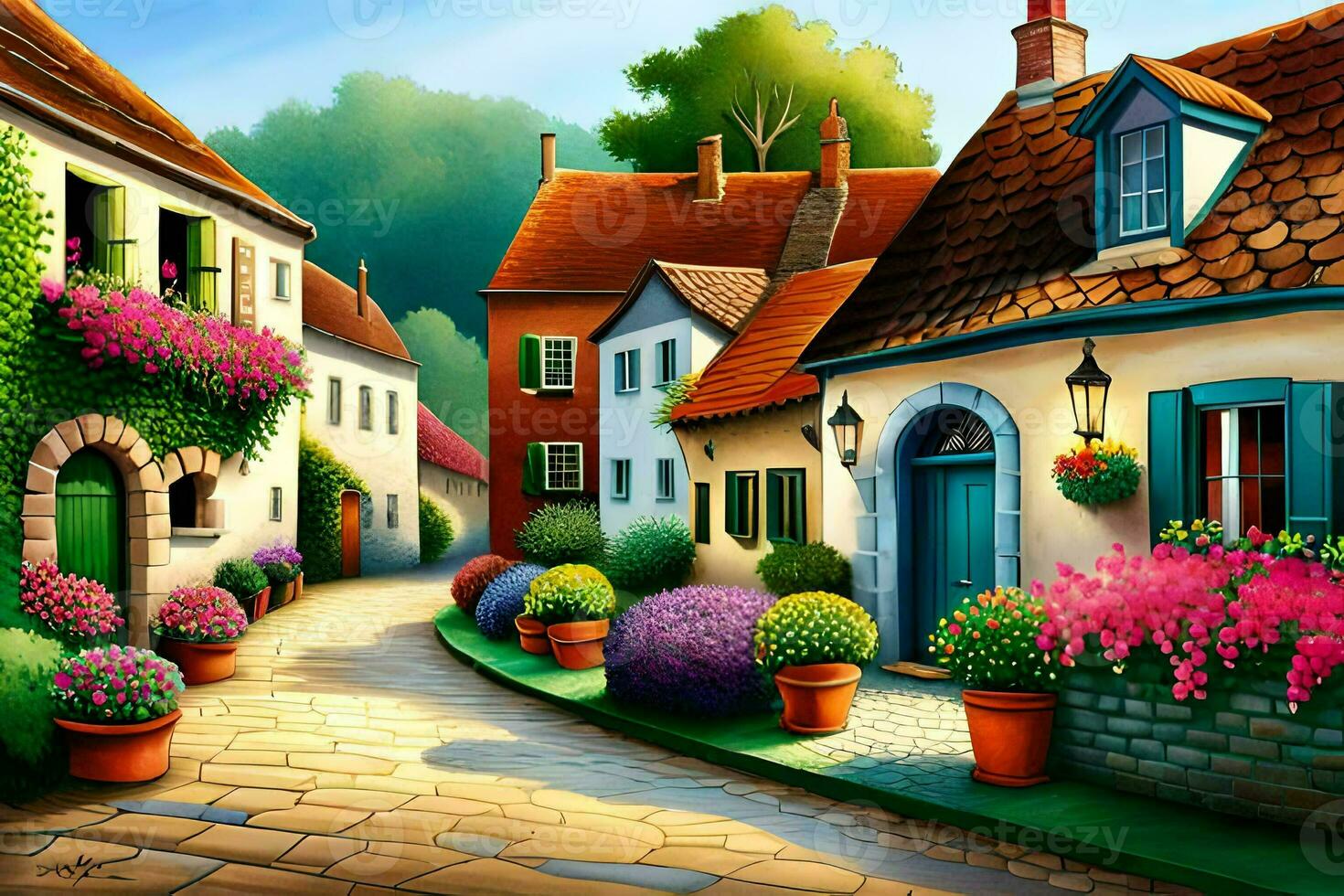 a painting of a street with flowers and houses. AI-Generated photo