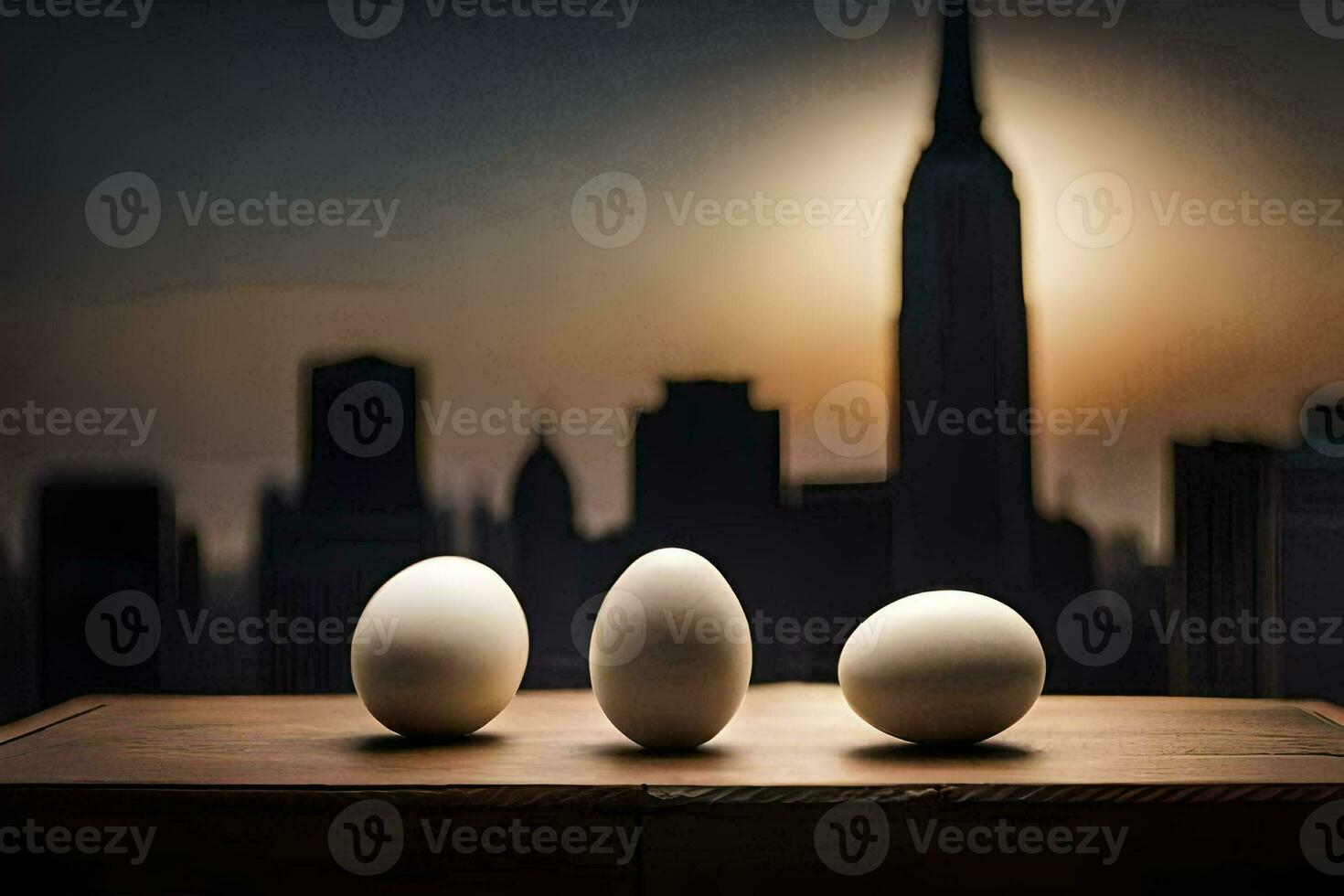 three eggs sit on a table in front of a cityscape. AI-Generated photo