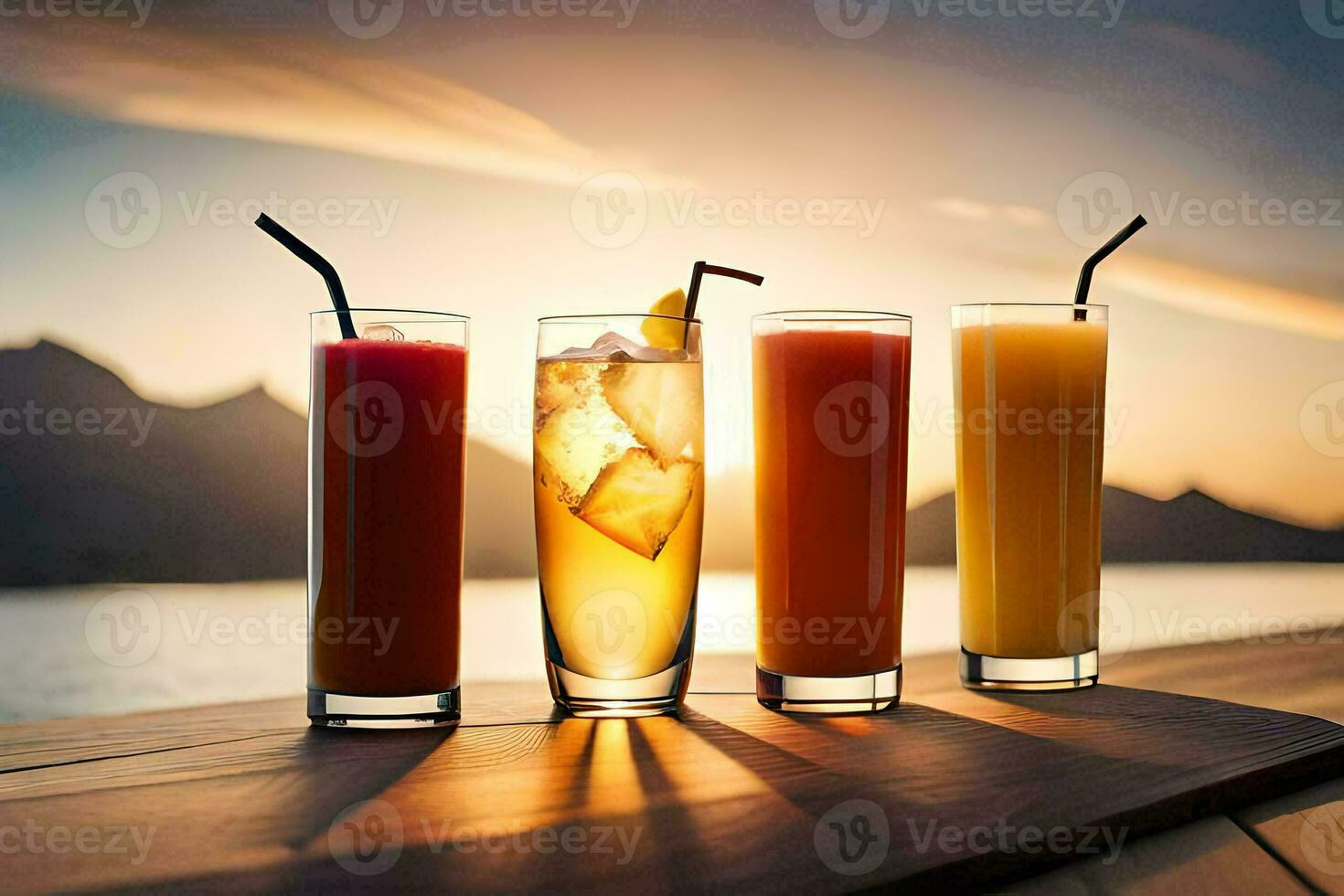 four glasses of different drinks on a table. AI-Generated photo