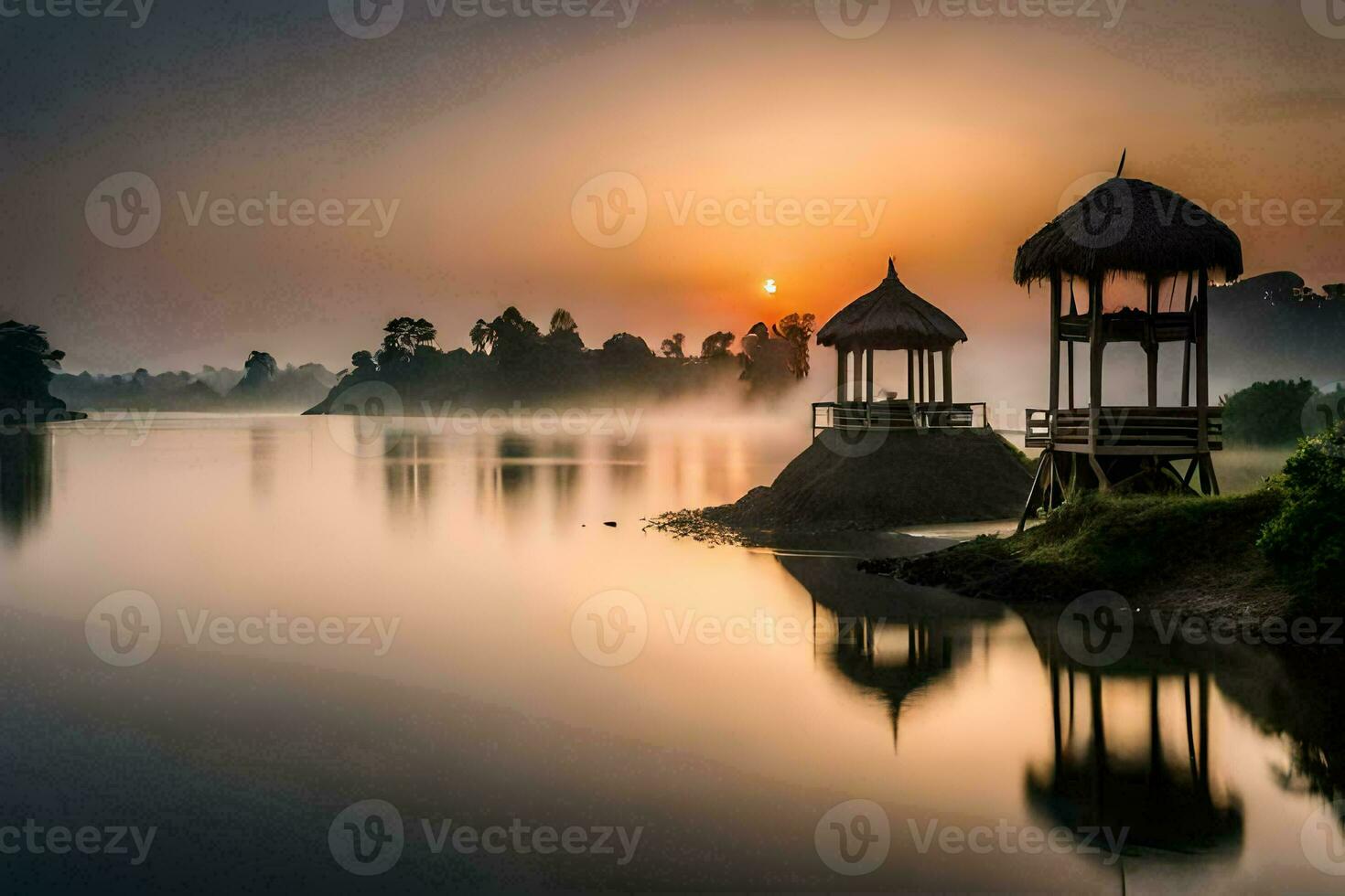 the sun rises over a lake with gazebos. AI-Generated photo
