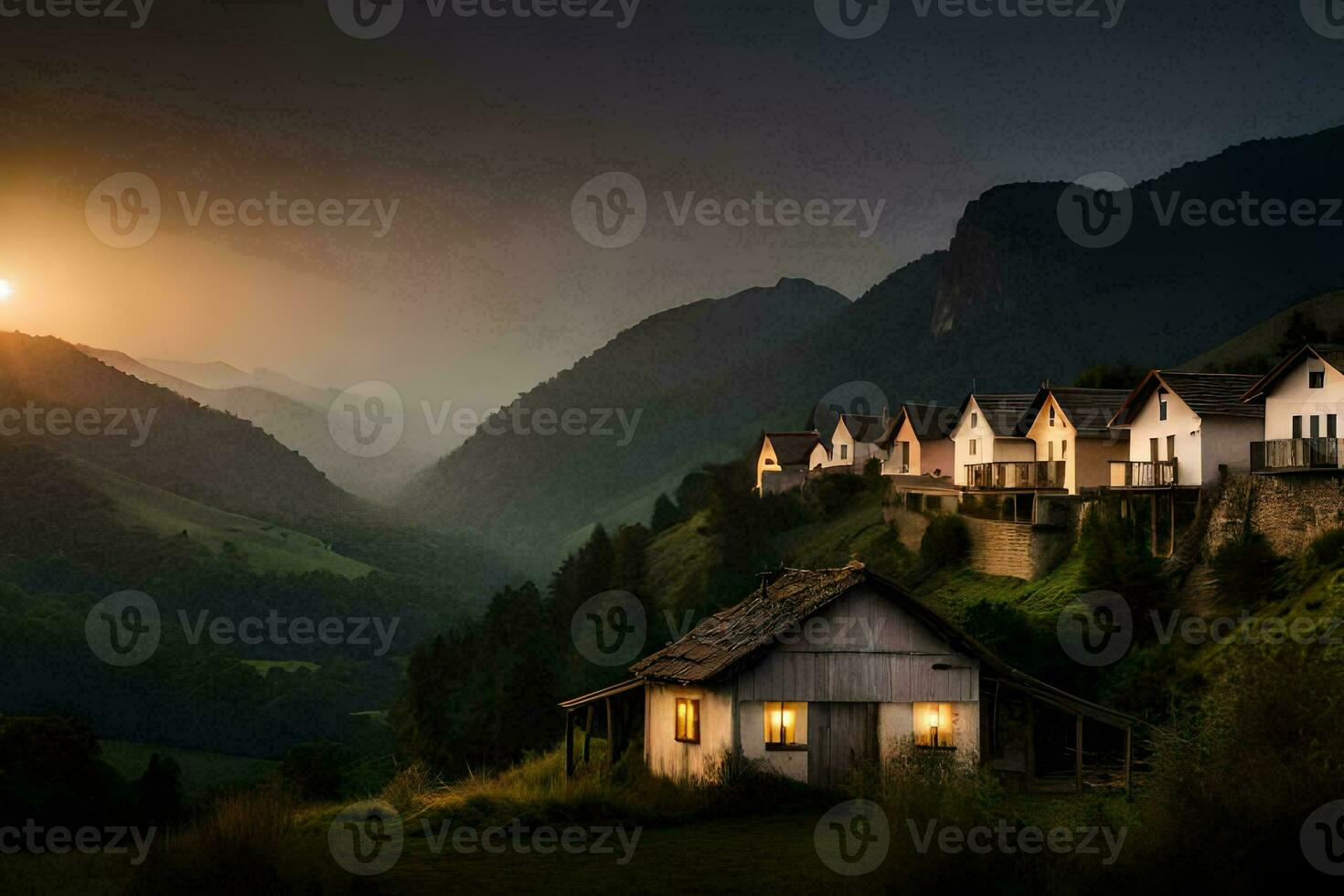photo wallpaper the sky, mountains, house, the sun, the mountains, the house, the. AI-Generated
