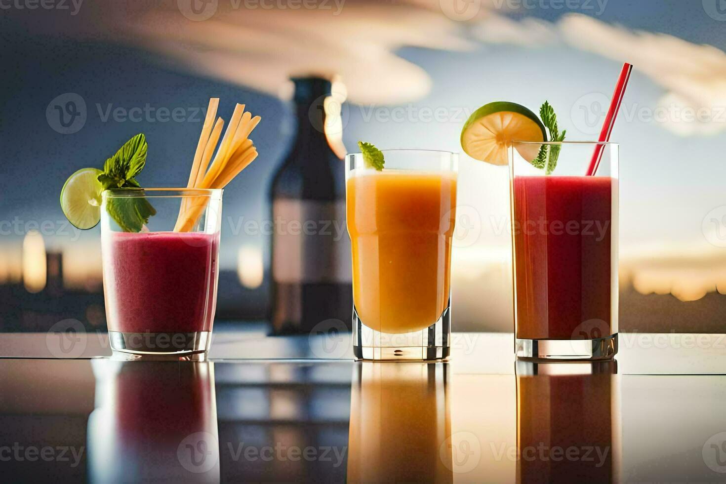 Tres diferente bebidas son sentado en un mesa. generado por ai foto