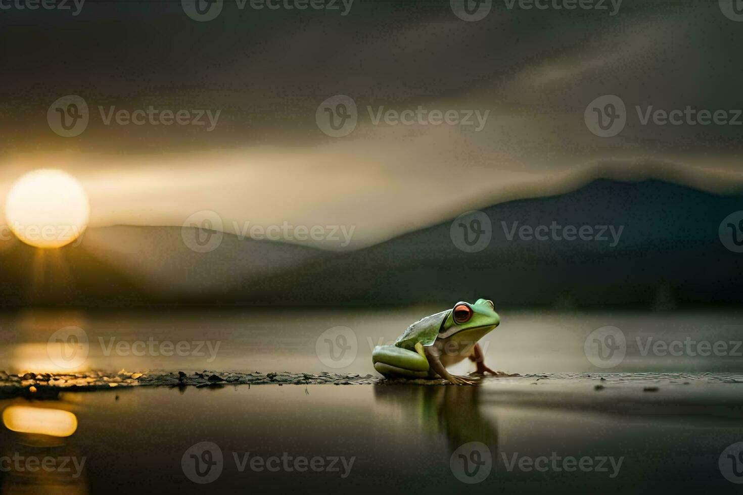 a frog sitting on the shore of a lake at sunset. AI-Generated photo