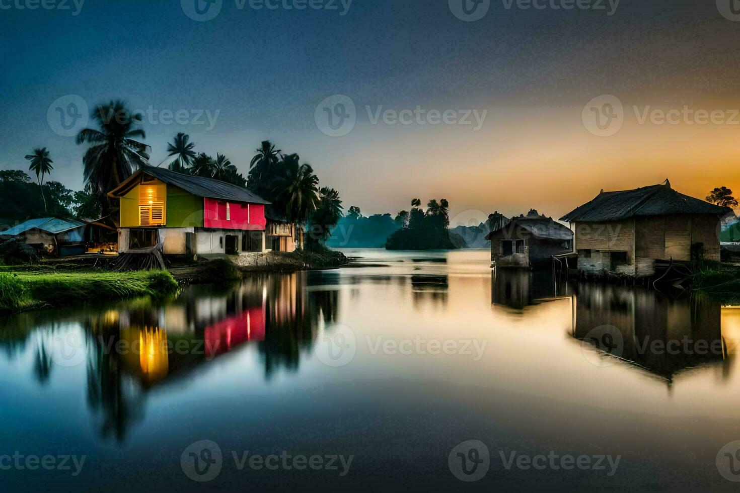 a river in the middle of a village at sunset. AI-Generated photo